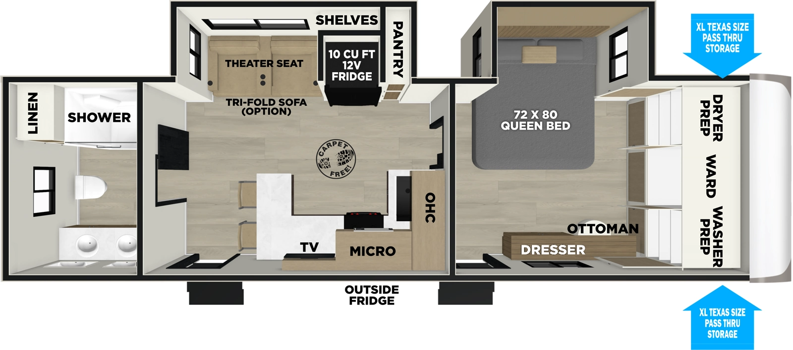 The Heritage Glen Travel Trailers 265BSRB floorplan has two entries and two slide outs. Exterior features include: fiberglass exterior, 21' awning and outside kitchen. Interiors features include: front bedroom and rear bathroom.